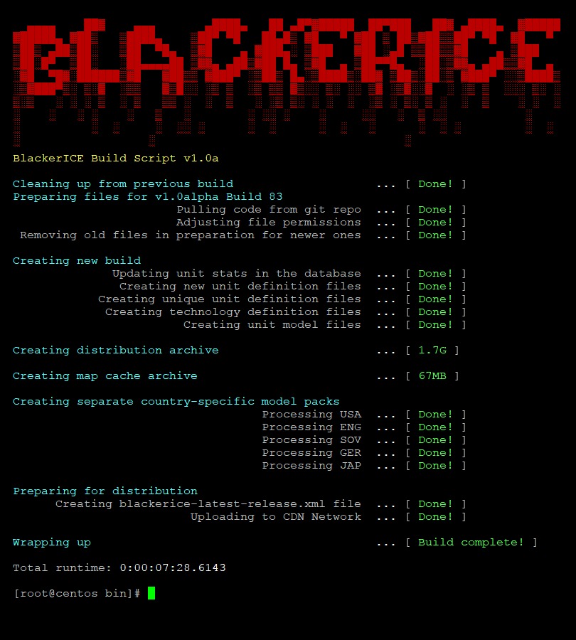 Screenshot of the BlackerICE build script's output