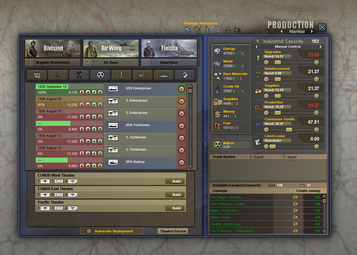 HOI3's Main Production Screen